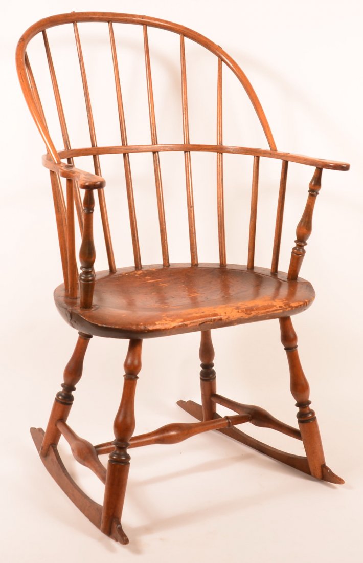 Lancaster County Pennsylvania Windsor Sack Back: Lancaster County Pennsylvania Windsor Sack Back Continuous Arm Rocking Chair. Shaped arms, D-shaped seat, ring turned bulbous H stretcher, turned splayed legs. Seat height 16"h.; 37-1/2"h. overall. Co