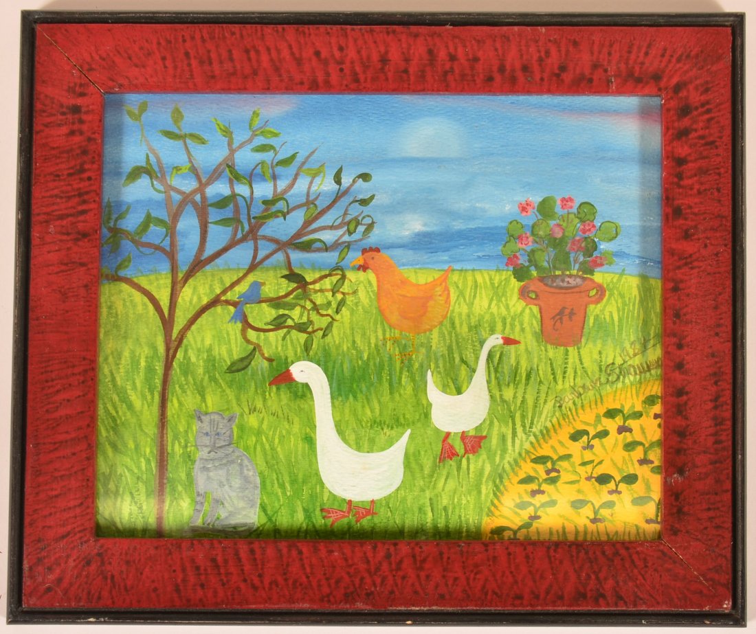 1984 Painting by Barbara Strawser of Chickens, Ducks,: 1984 Painting by Barbara Strawser of Chickens, Ducks, Chickens. 10 1/2 x 12 1/2". Condition: Very good.