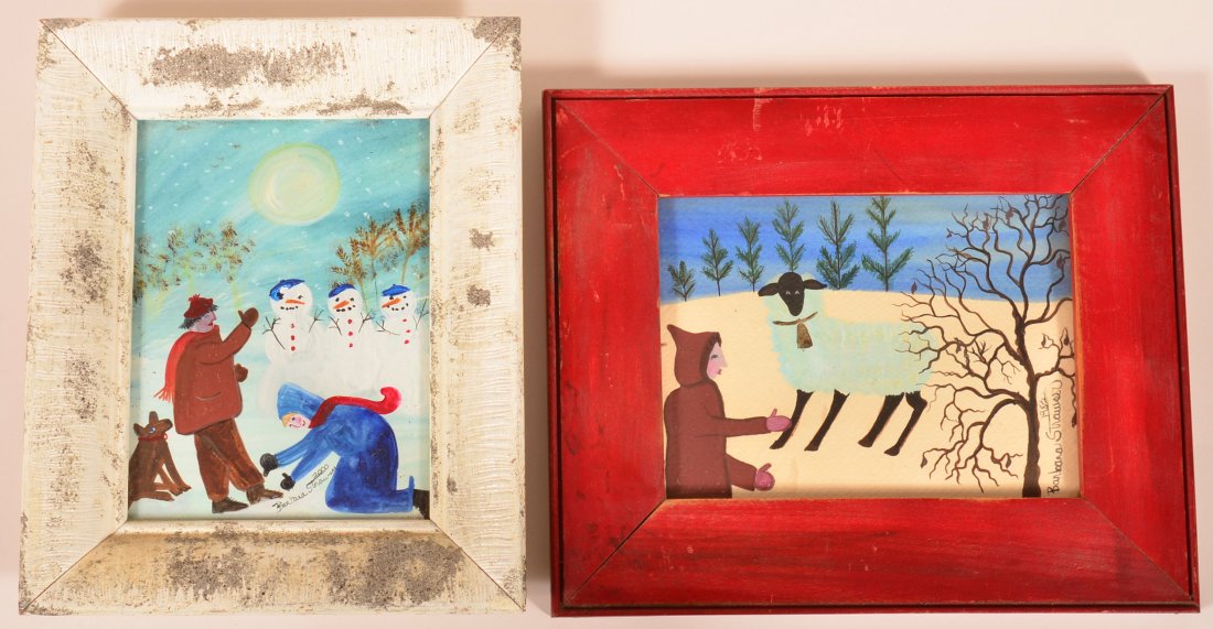 Pair of Barbara Strawser paintings-Snowmen. 9 x 11" and: Pair of Barbara Strawser paintings-Snowmen. 9 x 11" and Sheep 11 3/4 x 9 3/4". Condition: Very good.
