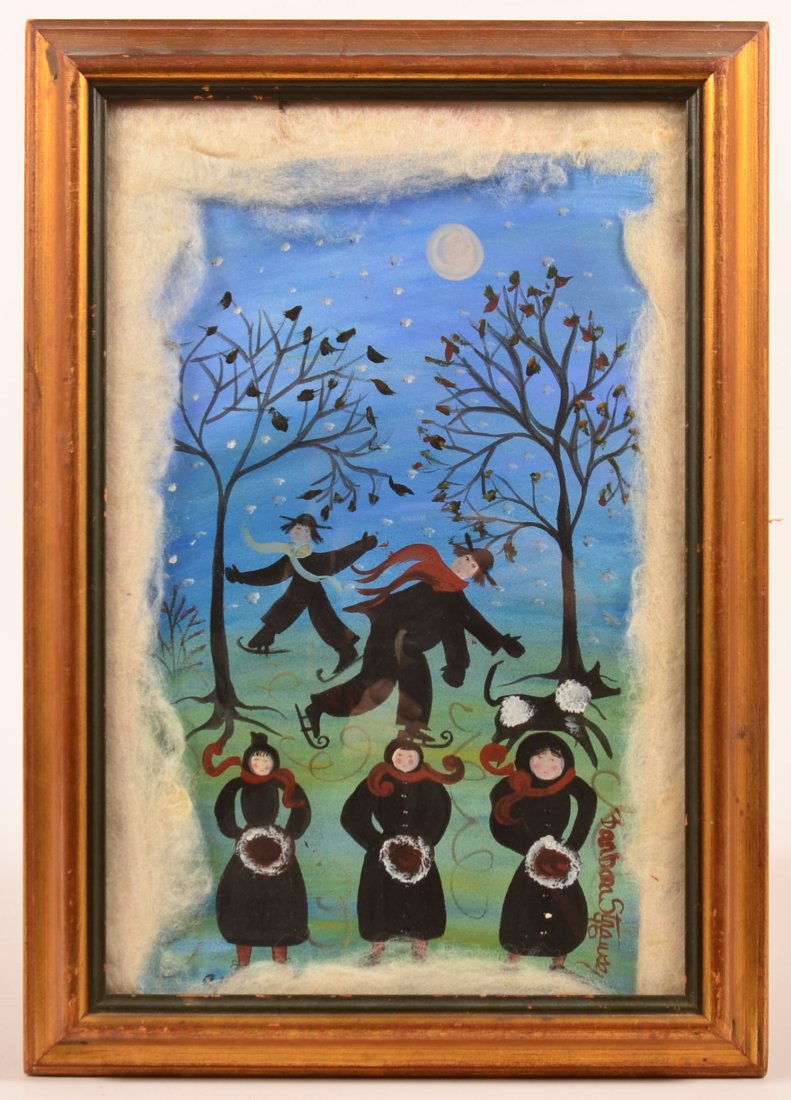 Barbara Strawser Folk Art Painting Dated 1996 of Amish: Barbara Strawser Folk Art Painting Dated 1996 of Amish Men and Women Skating. 15 x 21". Condition: Very good.