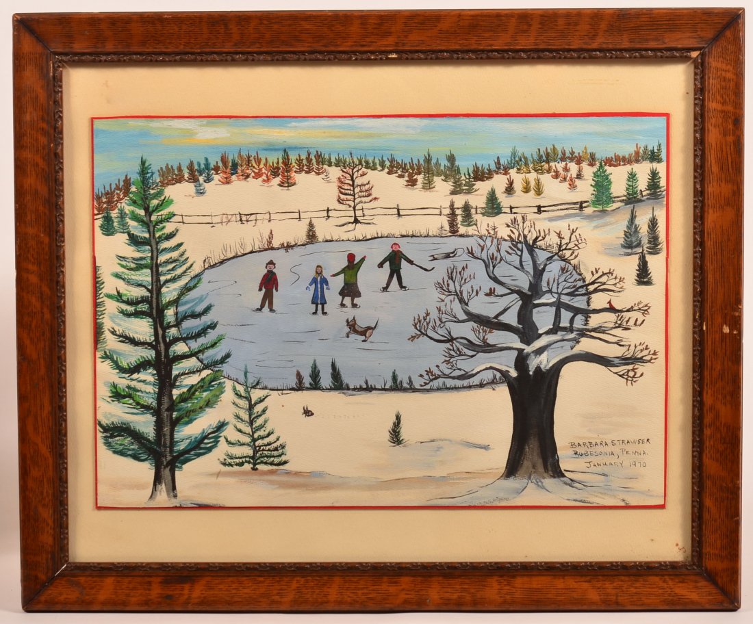 Barbara Strawser Folk Art Watercolor on Paper Ice: Barbara Strawser Folk Art Watercolor on Paper Ice Skating Scene Painting Dated January 1970. In a molded faux oak frame, 19" x 22-3/4" overall. Condition: Painting is very good, frame has minor losses