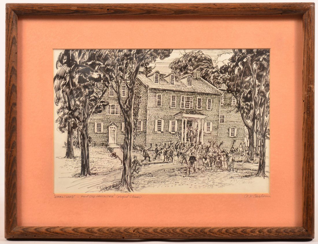 Charles X. Carlson Original Pen Sketch of "Wheatland".: Charles X. Carlson Original Pen Sketch of "Wheatland". (not dated) From "Old Lancaster" original S. Board drawing. Framed and matted, 13-1/4" x 17-1/4" overall. Condition: Very good.