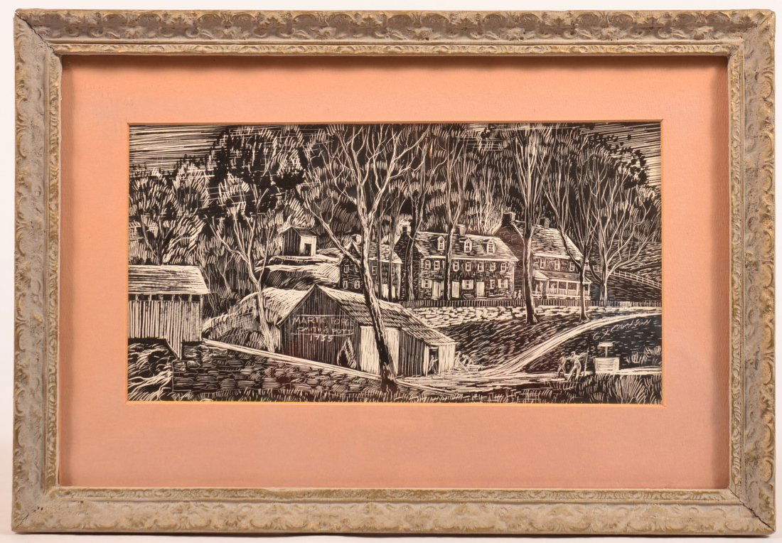 Charles X. Carlson Original Pen Sketch of "Martic: Charles X. Carlson Original Pen Sketch of "Martic Forge, Smith & Potts, 1735". (not dated) From "Old Lancaster" original S. Board drawing. Framed and matted, 12" x 17-1/4" overall. Condition: Very goo