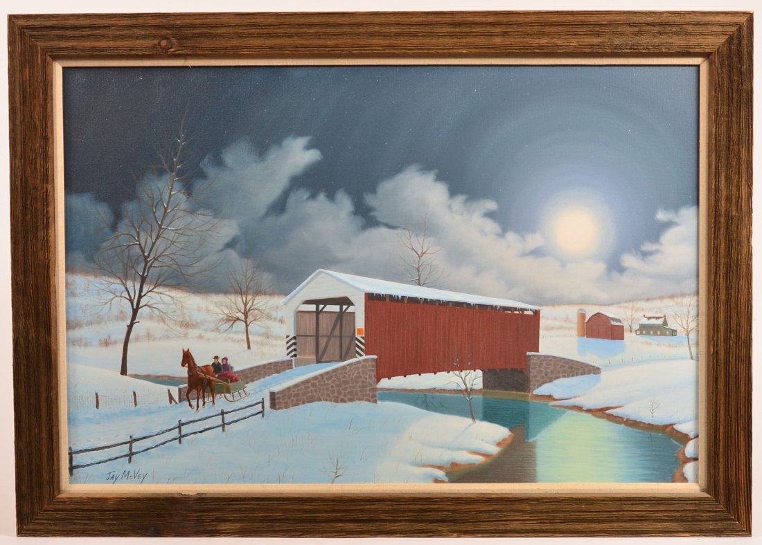Jay McVay Oil on Canvas Painting Winter Amish Sleigh: Jay McVay Oil on Canvas Painting Winter Amish Sleigh Scene with Covered Bridge and Full Moon. (Ephrata, Lancaster County, PA artist, 1922-1981). In a rustic wood frame, 29" x 41" overall. Condition: V