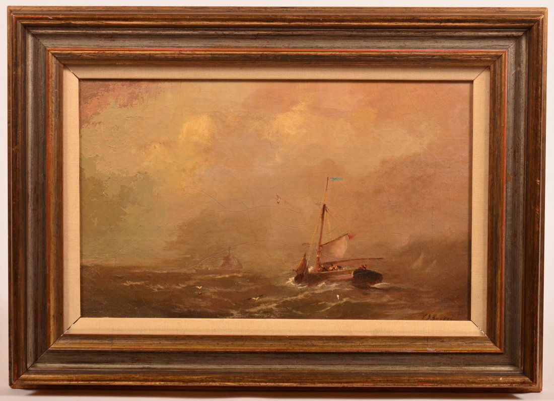 Franklin D. Briscoe Oil on Canvas on Board Painting: Franklin D. Briscoe Oil on Canvas on Board Painting Sail Boat in Choppy Seas. (Franklin D. Briscoe, Baltimore, MD 1844-1903 Philadelphia, PA), Signed lower right. Depicts fishing boats in a gathering