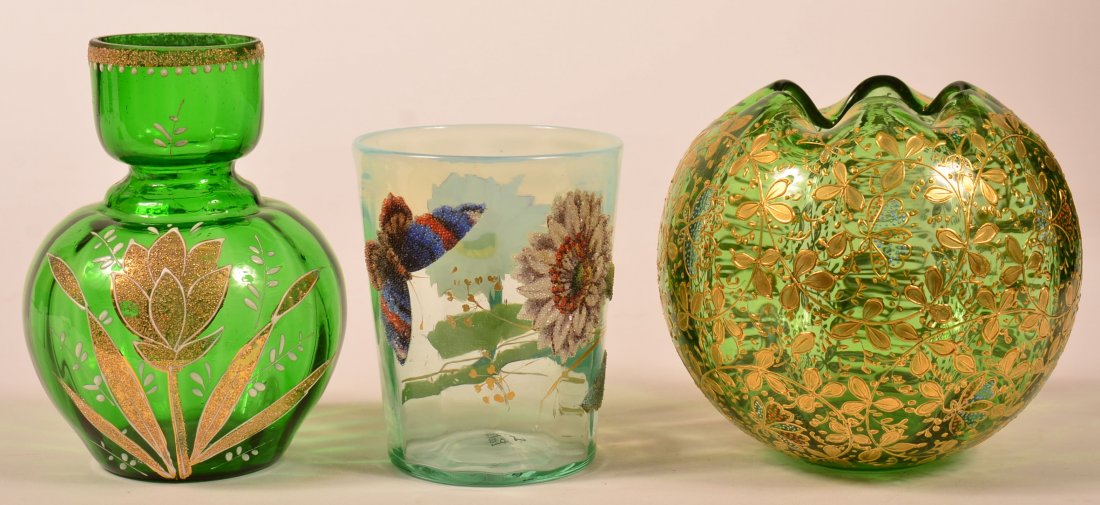 Three Victorian Art Glass Pieces. 1st: Vaseline: Three Victorian Art Glass Pieces. 1st: Vaseline opalescent tumbler with butterfly and floral coralline decoration, 3-3/4"h. 2nd: Green glass crimped top rose bowl with gilt floral and vine decoration,