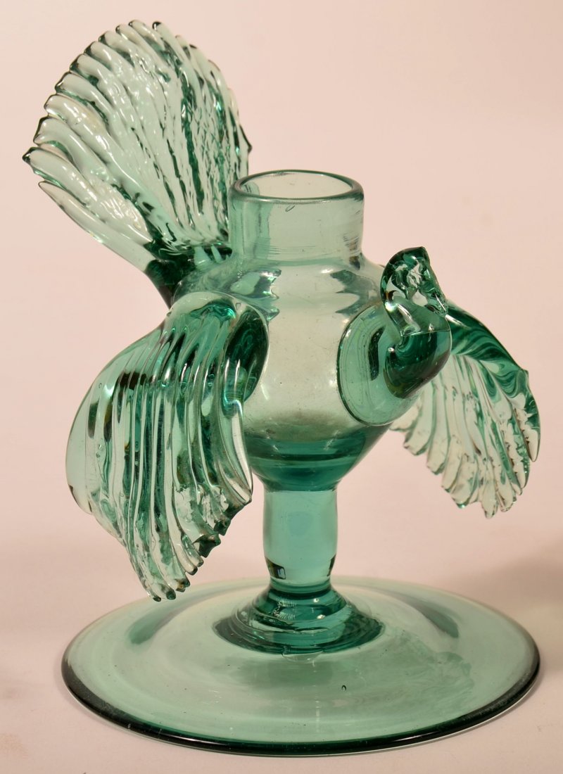 Blown Aqua/Green Glass Turkey Figural Ink Well on: Blown Aqua/Green Glass Turkey Figural Ink Well on Circular Pedestal Base. 5-3/4"h. Condition: Very good.