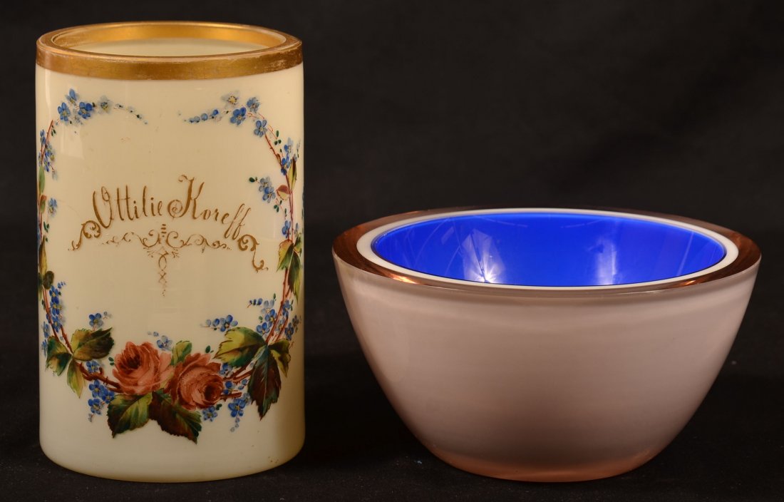 Two Pieces of Overlay Glass. 1st: Hadeland (Norway): Two Pieces of Overlay Glass. 1st: Hadeland (Norway) Overlay Art Glass Bowl signed "W.J." (Willy Johanssen and dated 1957), 5" diam. 2nd: Mug with polychrome floral and foliate wreath enamel decoration