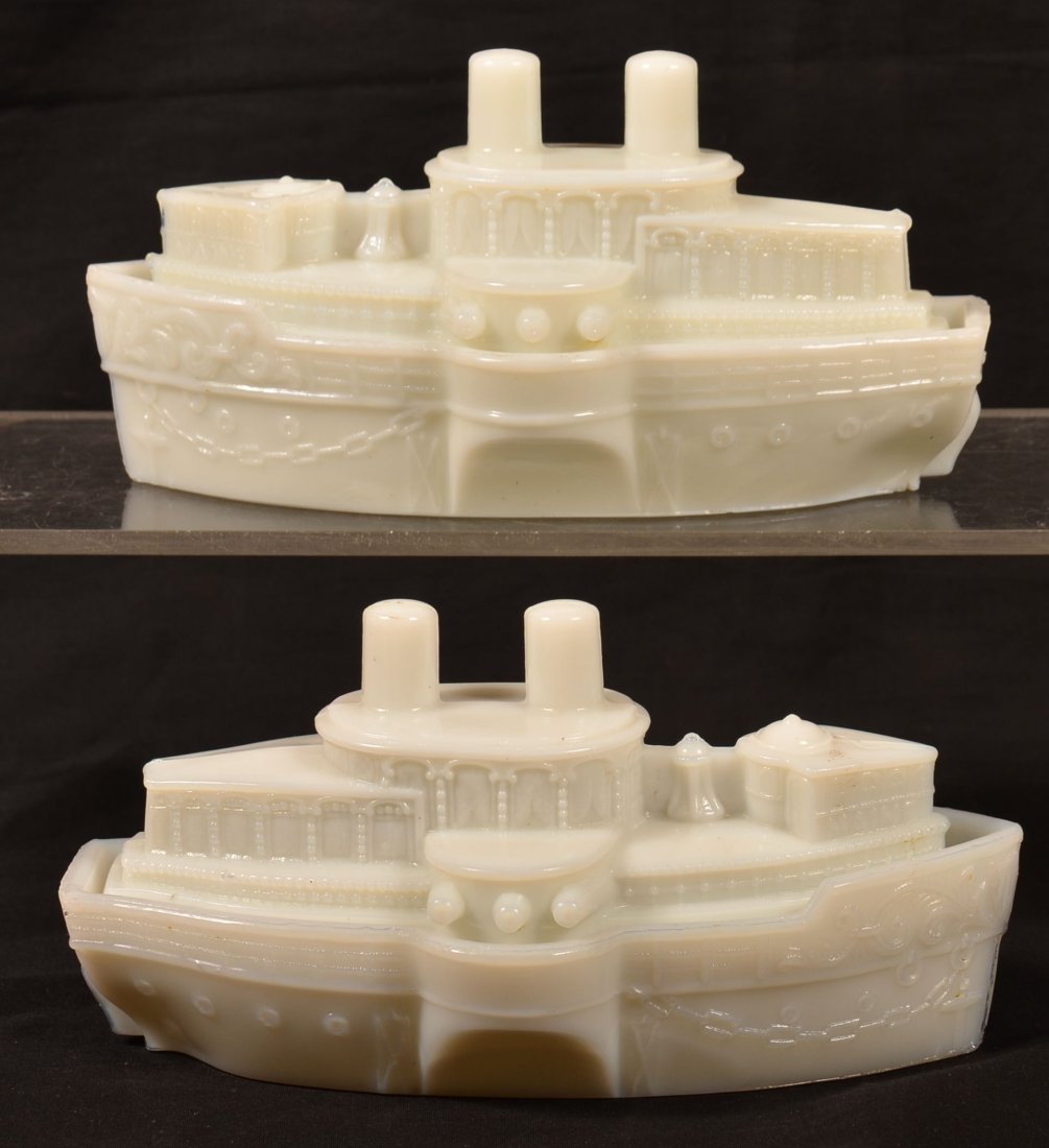 Two American Battleship Milk Glass Covered Boxes.: Two American Battleship Milk Glass Covered Boxes. 7-1/2"l. Condition: Very good, minor edge chips.