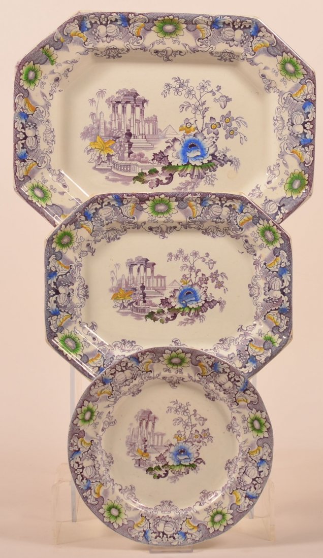Three Pieces of Purple Transfer "Cleopatra" Pattern: Three Pieces of Purple Transfer "Cleopatra" Pattern Ironstone China. 9-1/4" plate and 11-3/4" and 14-3/4" platters. Condition: Very good.