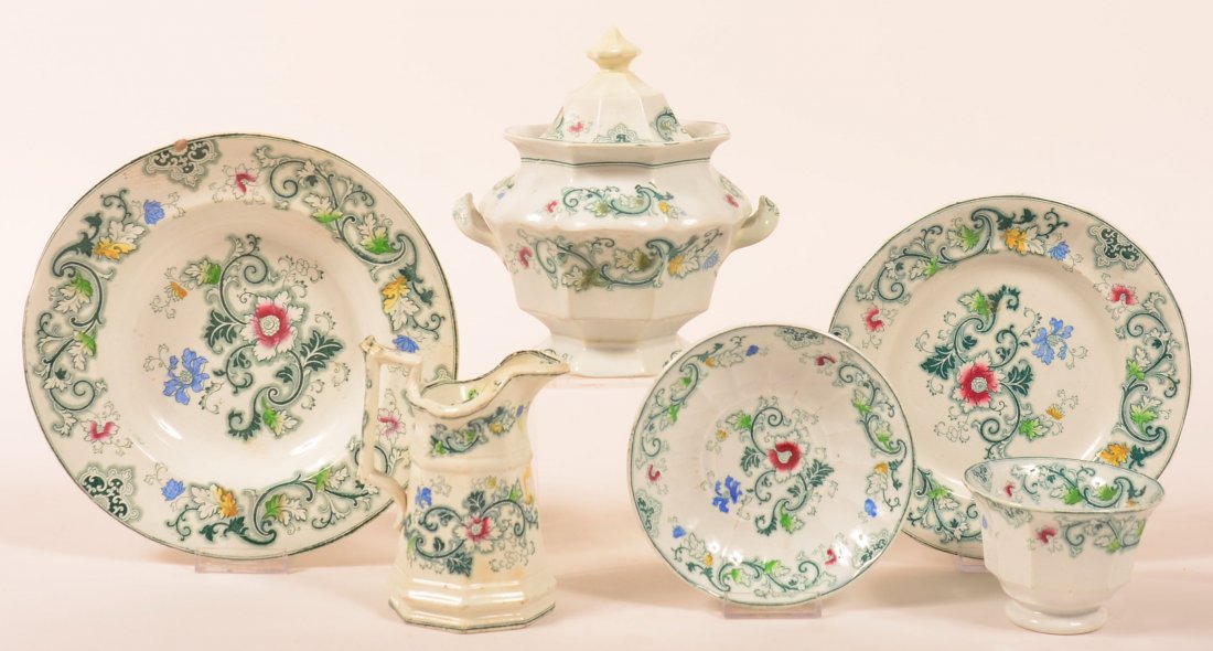 Five Pieces of Green Transfer Aurora Pattern Ironstone: Five Pieces of Green Transfer Aurora Pattern Ironstone China. 7-1/2" covered sugar bowl, 5-3/4" cream pitcher, 9-1/4" soup plate, 8" luncheon plate, handleless cup and saucer. Condition: Sugar bowl ha