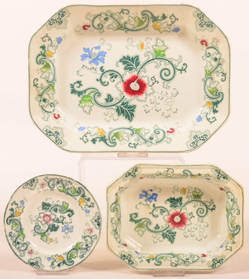 Three Pieces of Green Aurora Transfer Decorated: Three Pieces of Green Aurora Transfer Decorated Ironstone China. 13" platter, 8-1/2" open vegetable bowl and 6-1/4 plate. Condition: Good.