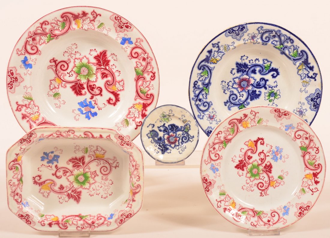 Five Pieces of Aurora Pattern Ironstone China. Red:: Five Pieces of Aurora Pattern Ironstone China. Red: 10-3/8" soup plate, 8-1/8" plate, 8-5/8" open vegetable bowl. Blue: 9-1/4" soup plate, 4" cup plate. Condition: Very good, cup plate has 2 base rim 