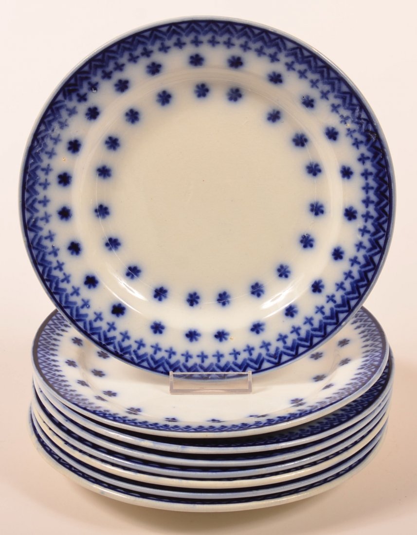 Eight Flow Blue Snowflake Pattern Ironstone China: Eight Flow Blue Snowflake Pattern Ironstone China 8-3/4" diam. Plates. Condition: Very good.