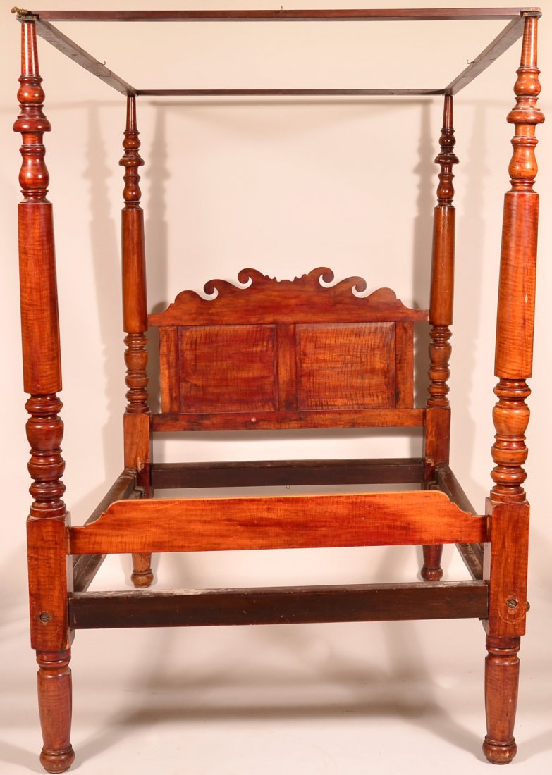 Pennsylvania Federal Tiger Maple Poster Bed with Canopy: Pennsylvania Federal Tiger Maple Poster Bed with Canopy Top. Scrolled and paneled headboard with boldly turned posts. 86"h. x 57"w. Condition: Good, refinished, use wear and cracks.