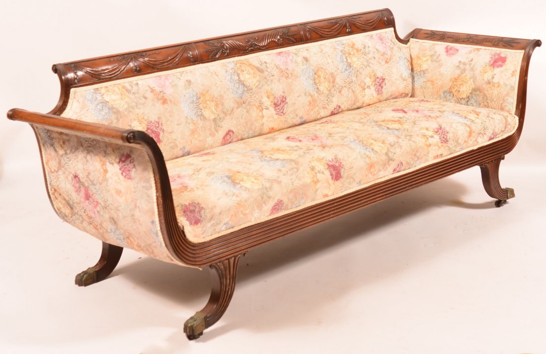 19th C. American Classical Carved Mahogany sofa in the: 19th C. American Classical Carved Mahogany sofa in the manner of Duncan Phyfe New York 89 x 28 x 31". Condition: Minor imperfections