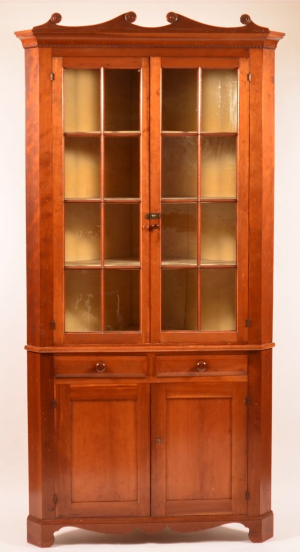 Lebanon County PA cherry corner cupboard w original: Lebanon County PA cherry corner cupboard w original scroll cornice 99 1/2 x 47 x 20" deep. Condition: Excellent