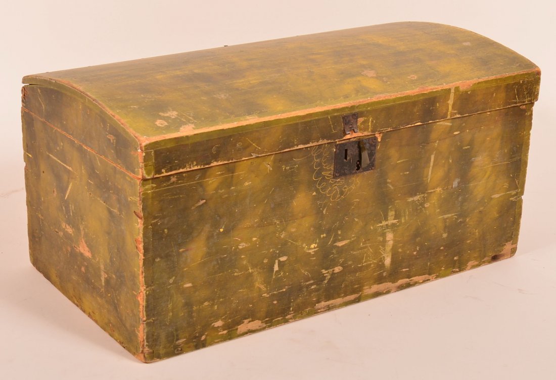 19th Century Softwood Dome Lid Trunk with Original: 19th Century Softwood Dome Lid Trunk with Original Yellow Ground and Smoke Decoration. Signed under lid in pencil made by H. Pierce 1826. 12"h. x 24"w. x 13"d. Condition: Good, wear and losses.