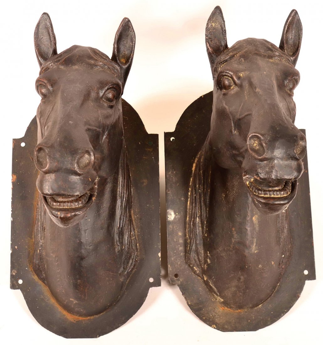 Pair of Life Size Cast Metal Wall Mounted Horse Heads.: Pair of Life Size Cast Metal Wall Mounted Horse Heads. 26"h. x 22"d. Condition: Good.