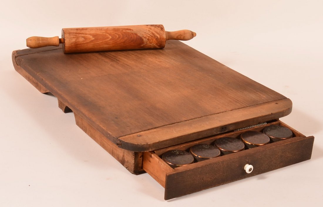 Unusual PA baking board w Orig Rolling Pin and Toleware: Unusual PA baking board w Orig Rolling Pin and Toleware Spice Tins 28" H x 17 1/2" W x 3" D. Condition: Very Good