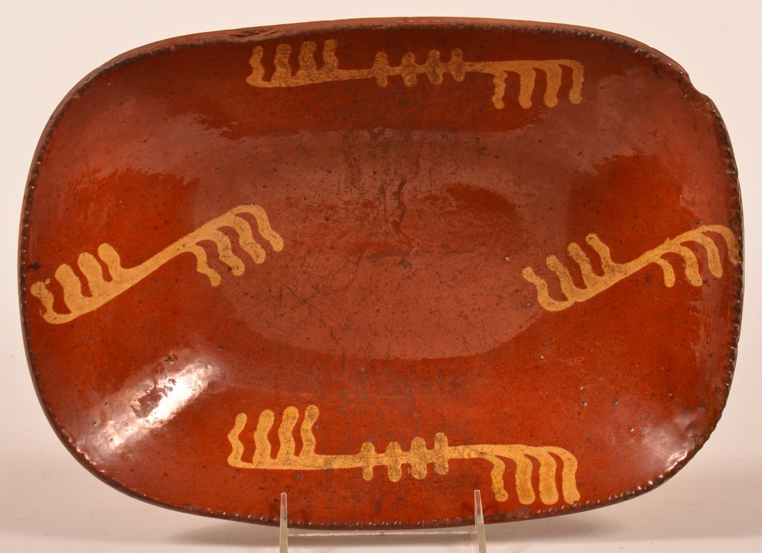 1860's PA Redware Loaf Dish w Yelloware Slipware: 1860's PA Redware Loaf Dish w Yelloware Slipware Decoration 13 1/2 x 9 1/2". Condition: Few Rim Chips From Normal Use