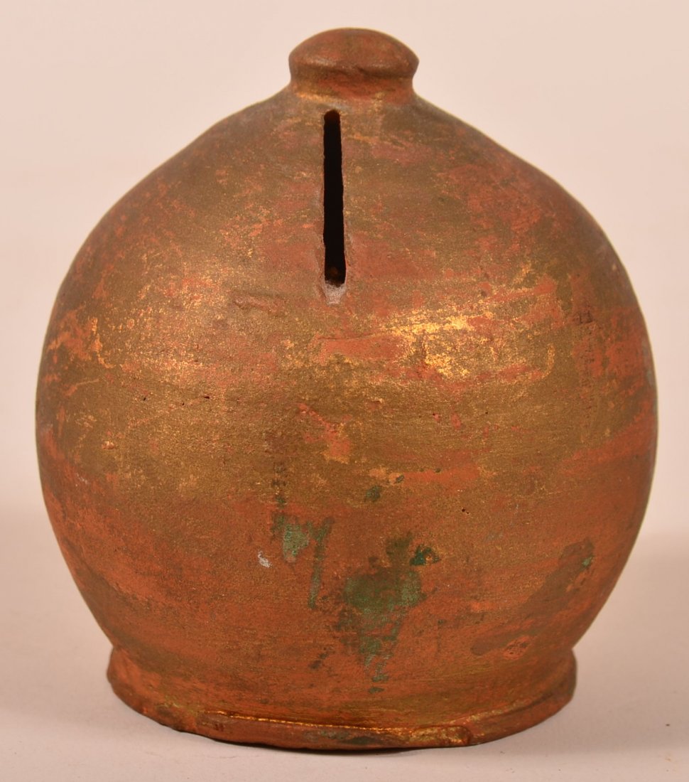 PA Redware Squat Bank with Finial and Original Coin: PA Redware Squat Bank with Finial and Original Coin Slot 3 1/2 x 3"W. Condition: Small Base Rim Chip