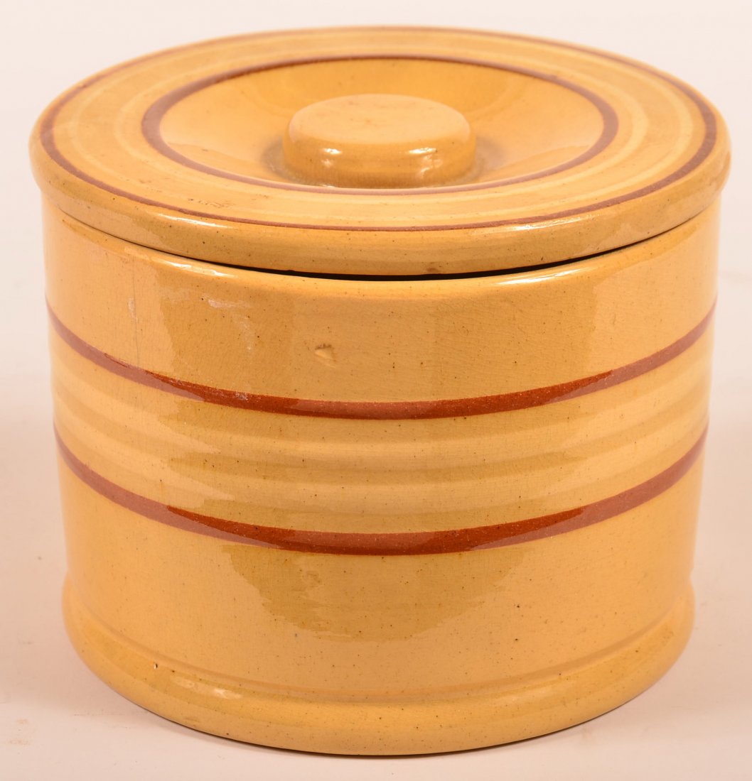 Large Yelloware Butter Tub w Numerous Brown and White: Large Yelloware Butter Tub w Numerous Brown and White Slipware Lines 5 1/2 x 7" Diam. Condition: Very Good w Glaze Flakes