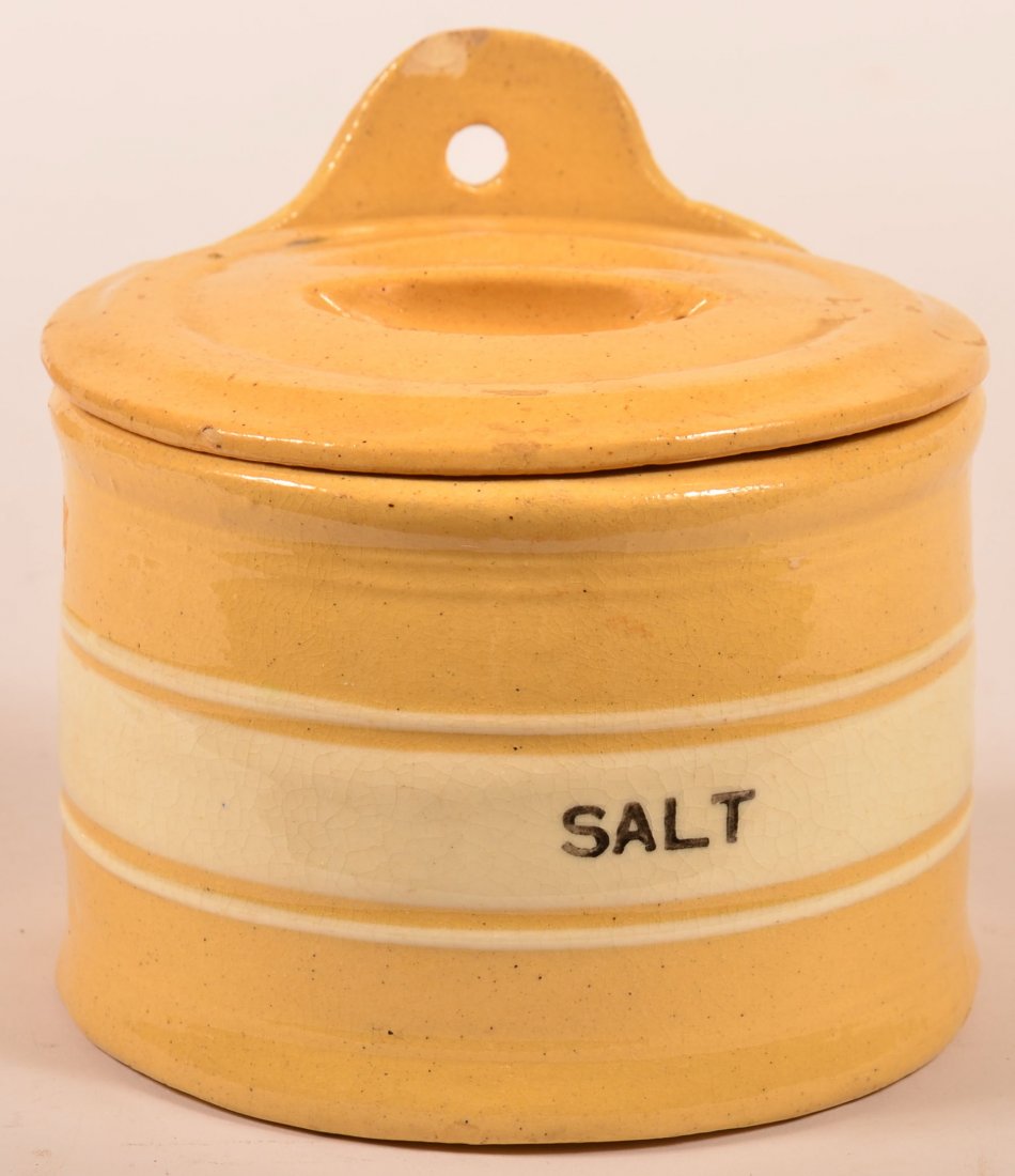 Unusual Yelloware Salt Crock w the Original Lid 6 x 6".: Unusual Yelloware Salt Crock w the Original Lid 6 x 6". Condition: Numerous Flakes