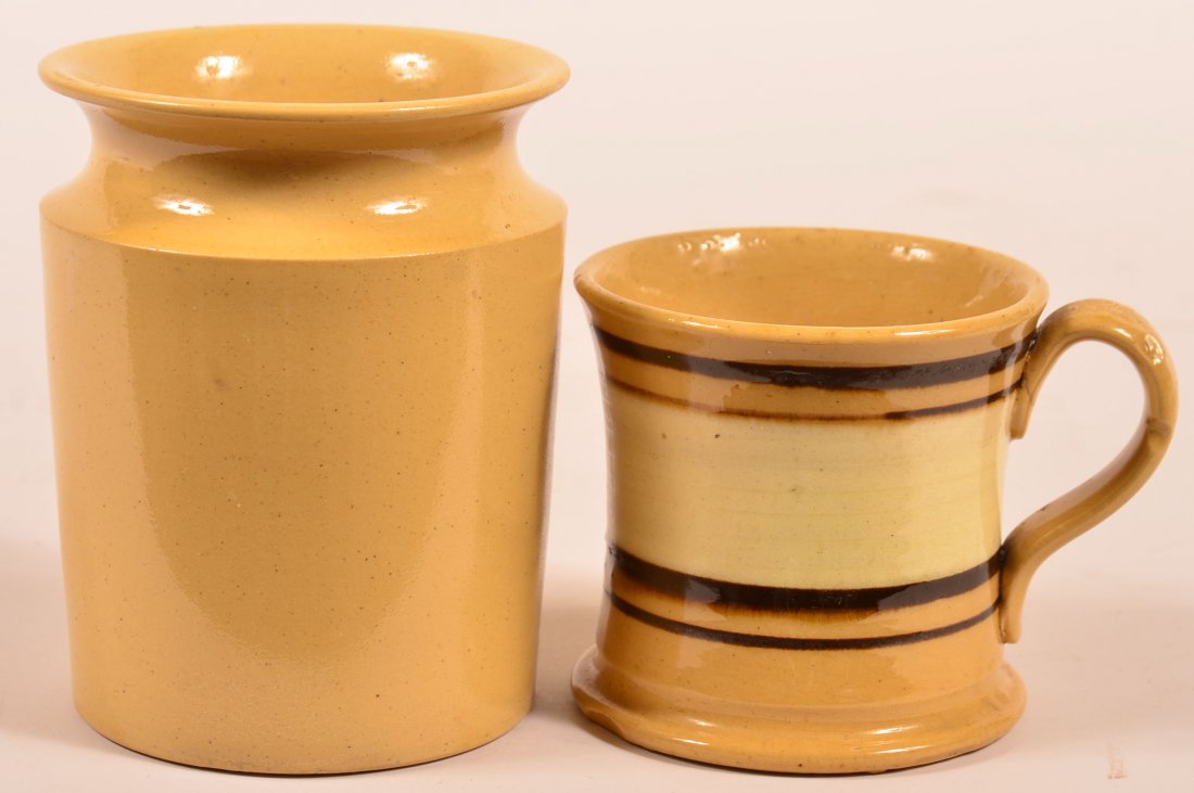 Yelloware Storage Jar and Mug w Mocha Slip Lines-Jar 4: Yelloware Storage Jar and Mug w Mocha Slip Lines-Jar 4 1/2 x 3 1/2"-Mug 3" Tall. Condition: Hairline on the Mug handle-Jar