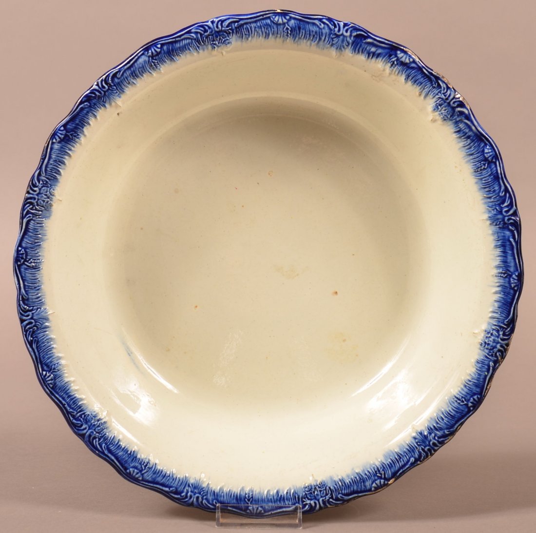 Leeds Soft Paste China Blue Feather Edge Basin: Leeds Soft Paste China Blue Feather Edge Basin . Shell and scroll embossed border, impressed on back "Hall 11". 11-3/4" diam. Condition: Good, some glazing wear on edge.