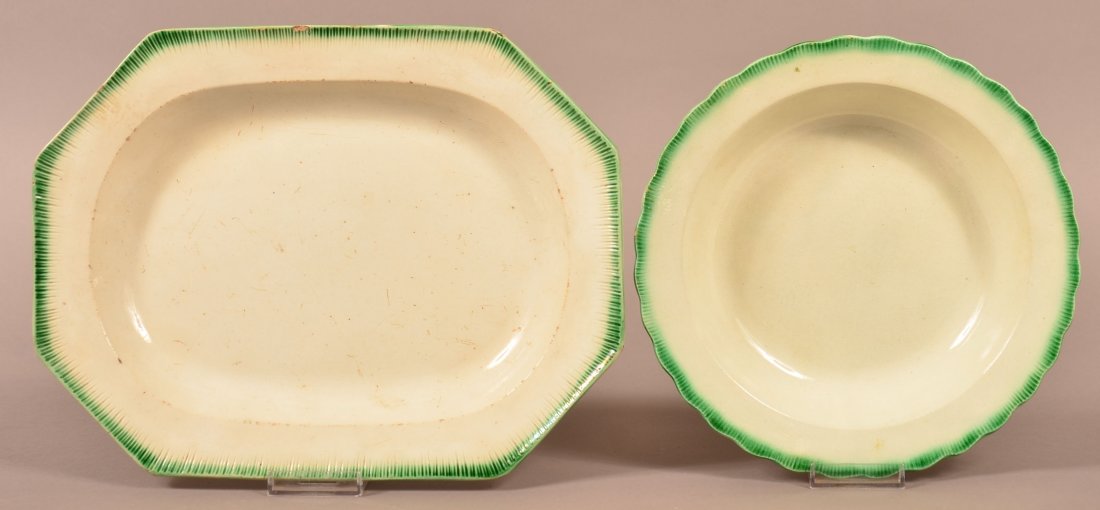 Leeds Soft Paste Platter and Soup Plate.: Leeds Soft Paste China Green Feather Edge Platter and Soup Plate. Platter 9-3/4" x 12-3/4", Soup plate 9-1/2" diam. Condition: Platter has edge chip, surface scratches and wear. Soup oplate is very go