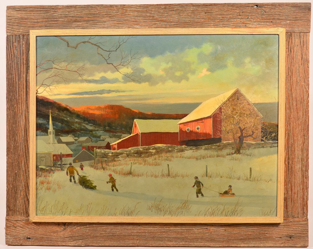 Eric Sloane Winter Scene Painting.: Eric Sloane (American, 1905-1985) Oil on Masonite Winter Scene Landscape Painting. Winter village and barn scene depicting a man pulling an evergreen (Christmas) tree, followed by a boy with an axe an