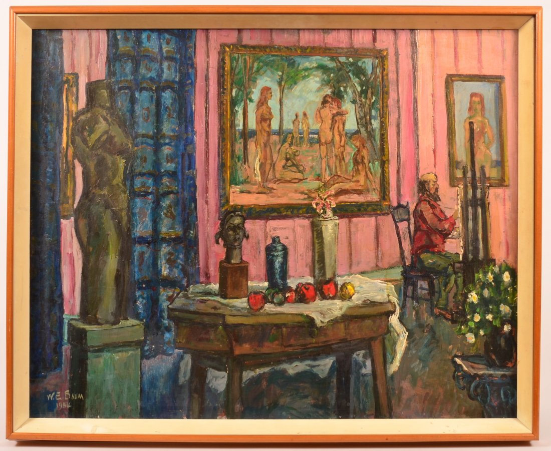 W.E. Baum Double Sided Oil Painting.: W.E. Baum (Walter Emerson Baum, American 1884-1956) Double Sided Oil on Masonite Paintings. Obverse depicting a rare interior scene with a painter at an easel, sculptures and "Figures at the Beach" pa