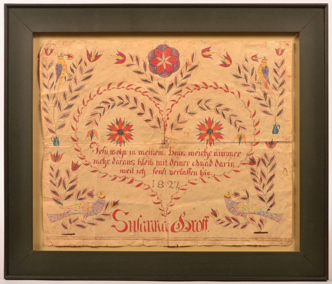 Pennsylvania Mirror Image Fraktur Dated 1827.: Pennsylvania Hand Drawn and Hand Colored Mirror Image Fraktur Dated 1827. Central heart with verse above name Suzanna Groff, flanked by birds and potted floral and foliate devices. Image size 13" x 15