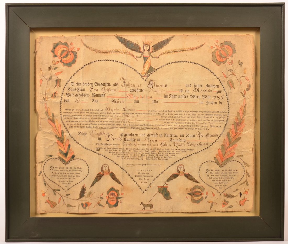 Berks County, PA Birth and Baptismal Certificate.: Printed and Hand Drawn and Colored Berks County, PA Birth and Baptismal Certificate. By Gottlob Jungmann Reading, 1799. Mirror image with angel wearing crown crest, horse carrying flag at base, winged