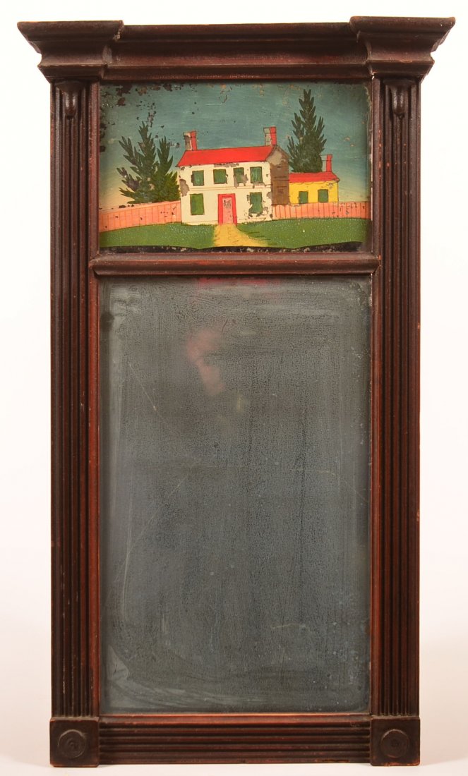 Federal Cherry Architectural Frame Wall Mirror.: Federal Cherry Architectural Frame Wall Mirror. Stepped molded cornice and reeded stiles. Upper reverse painted panel with two story house and one story wing. Lower rectangular looking glass. 26"h. x 