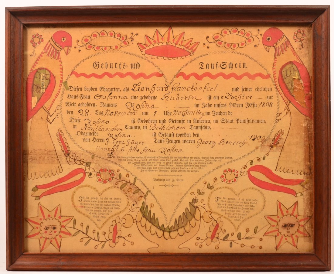 Frederick Krebs Birth and Baptismal Certificate.: Frederick Krebs Printed and Hand Drawn Birth and Baptismal Certificate. Mirror image fraktur with central crown above printed heart text, flanked by parrots and star faces and lower urn of flowers. Fo