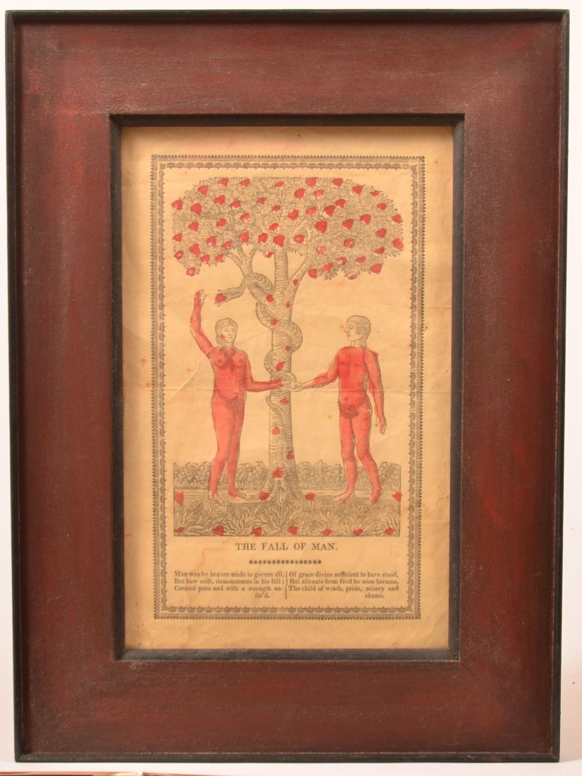 Printed and Hand Colored "The Fall of Man".: 19th Century Printed and Hand Colored "The Fall of Man". Depicting Adam and Eve with red wash, taking the forbidden fruit from serpent. Image size 11-3/4" x 7 1/4", in a molded painted frame. 17" x 12