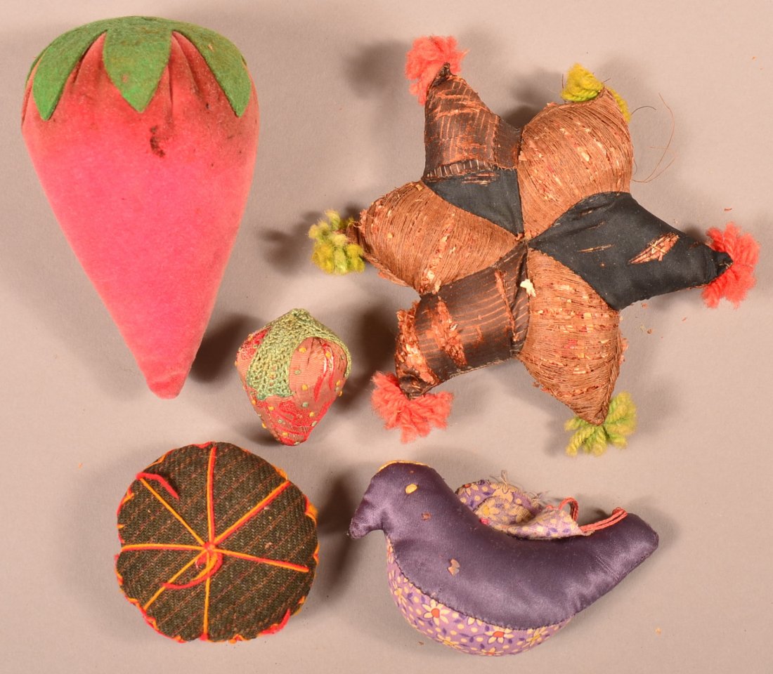 Lot of Five Vintage Pin Cushions.: Lot of Five Vintage Pin Cushions. Including strawberry and bird forms. 1-1/2" to 5". Condition: Fair to Very good.