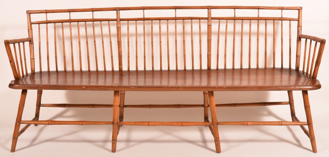 Pennsylvania Windsor Settee.: Pennsylvania Windsor Bird Cage Back Bamboo Turned Settee. Duck bill arms, plank seat, slayed legs, stretcher base. 35"h. x 79"w. x 20" d. Seat Height 18". Condition: Very good, old refinish.