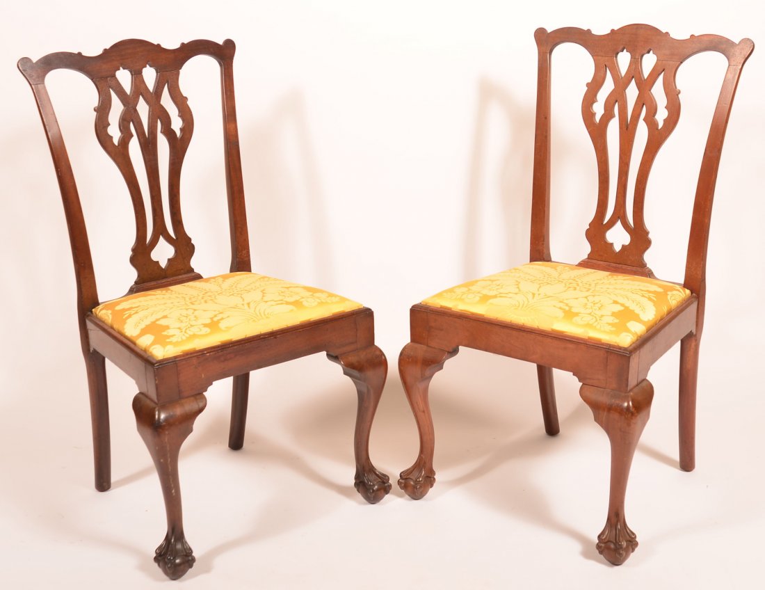 Pair of Pennsylvania Chippendale Side Chairs.: Pair of Pennsylvania Chippendale Walnut Side Chairs. Serpentine crest, pierced splat backs, lip molded skirt, cabriole legs with claw and ball feet, gold floral damask upholstered seats. 38-1/2"h. ove