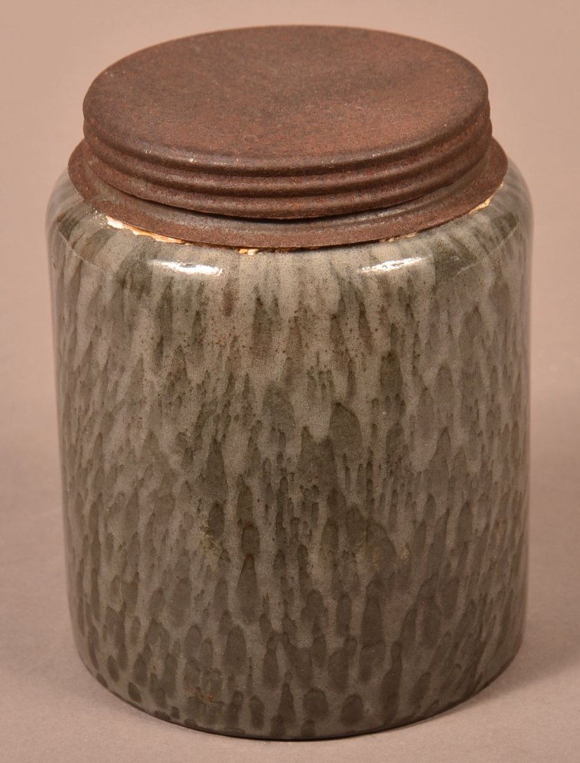 Gray Granite Ware Coffee Thermos.: Gray Granite Ware Coffee Thermos. Medium mottled, tin screw top. 4-1/2"h. Condition: Good, lid and collar show rust, later plastic attachment to collar.