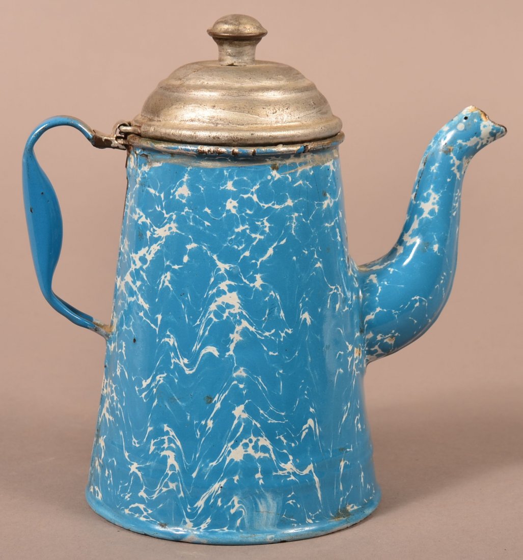 Blue Granite Ware Teapot.: Blue Granite Ware Teapot. Medium swirl. 6-3/4"h. Condition: good, minor losses, tin lid painted silver.