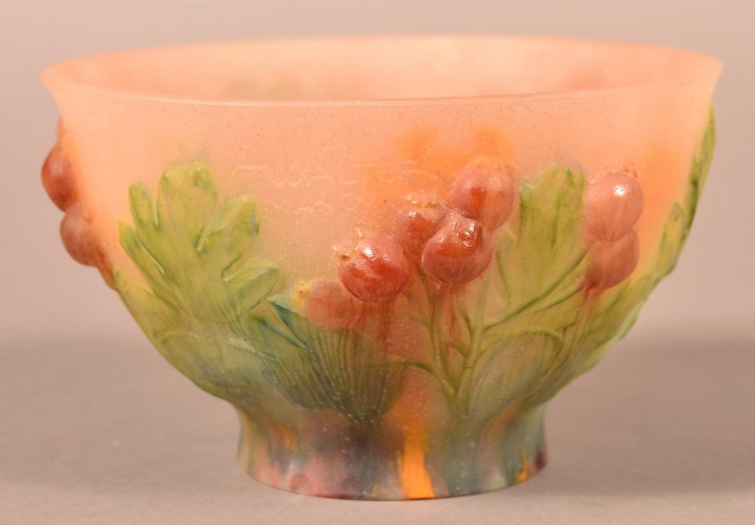 A. Walter, Nancy Pate De Verre Glass Bowl.: French Art Deco A. Walter, Nancy Pate De Verre Glass Bowl. Circa. 1925, also signed George Sc., grape and leaf design in high relief. 3-1/2"h. x 5-3/4" diam. Condition: Very good, small flake chip on