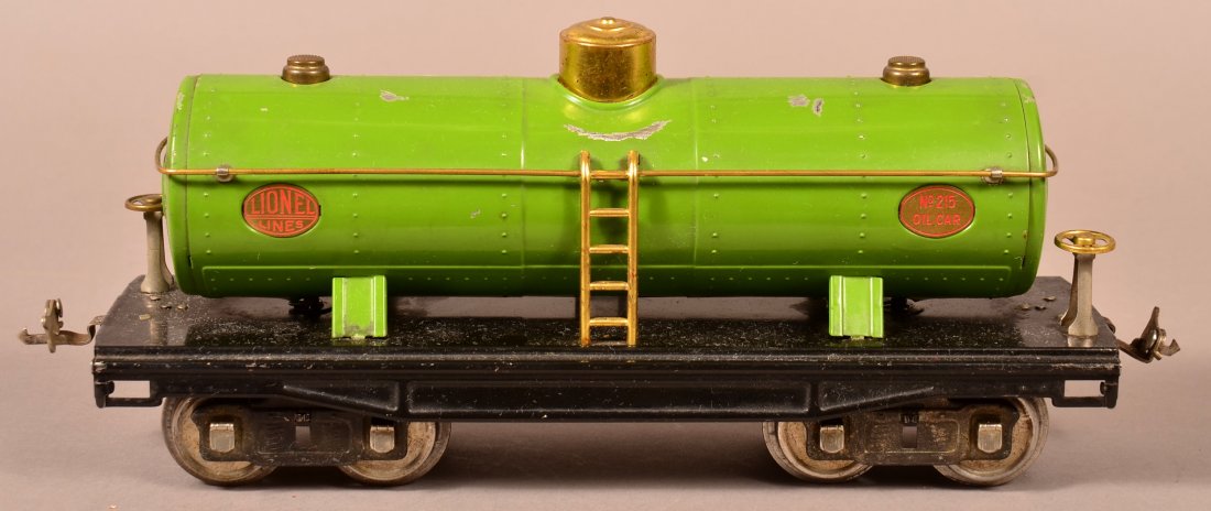 Lionel Standard Gauge No. 215 Green Tank Car.: Lionel Standard Gauge No. 215 Green Tank Car. 12-1/2"l. Condition: Good with some paint loss.