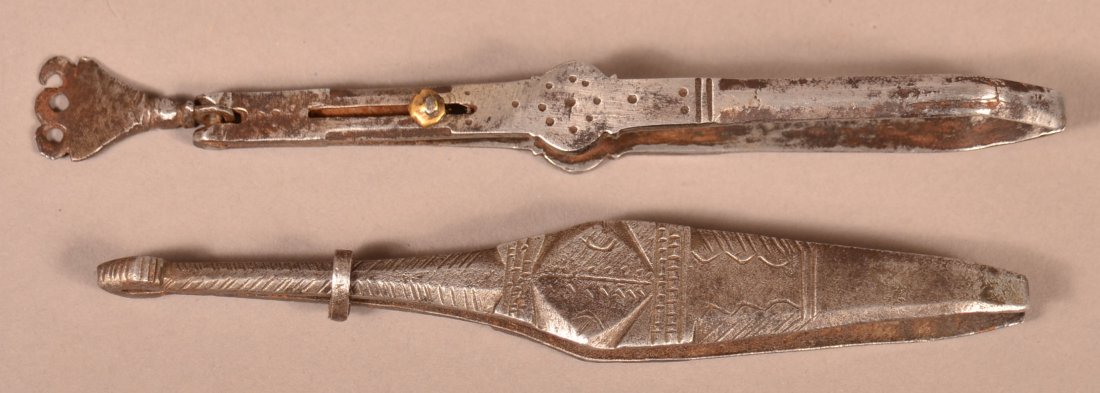 Wrought Iron Jeweler Tweezers.: Two Late 18th/Early 19th Century Wrought Iron Jeweler Tweezers. With engraved decoration. 5" and 5-1/2"l. Condition: Good with use wear and pitting.
