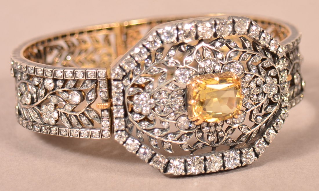 Victorian Yellow Sapphire Diamond Bracelet.: Victorian Yellow Sapphire Diamond Bracelet. Approx. 15 carats of old mine cut diamonds, 7 carat cushion cut sapphire, silver top gold back. Total weight 33.1 dwt. (51.4 g.). Condition: Very good.