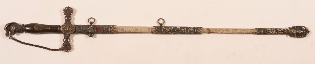 Knights Templar Masonic Philadelphia Sword.: Antique Knights Templar Masonic Sword by J. H. Wilson & Co., Philadelphia, PA. Named to George Strong, gilt and etched blade, with knights helmet pommel and rosewood grip, silvered and chrome scabbard
