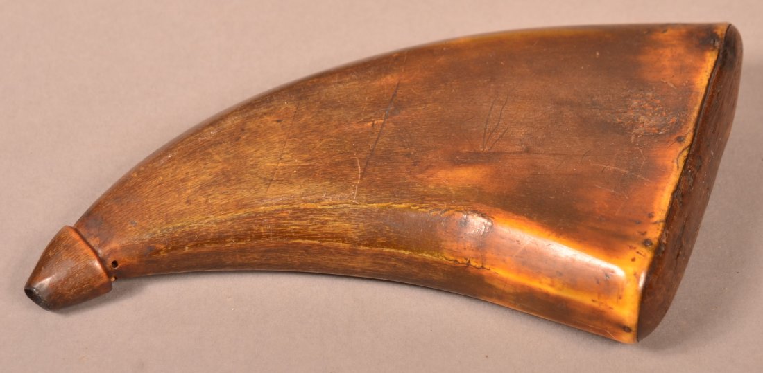 Pennsylvania Flat Powder Horn.: Pennsylvania 18th/19th Century Flat Powder Horn. 7-1/2"l. Condition: Good with a few insect holes, nice dark patina.