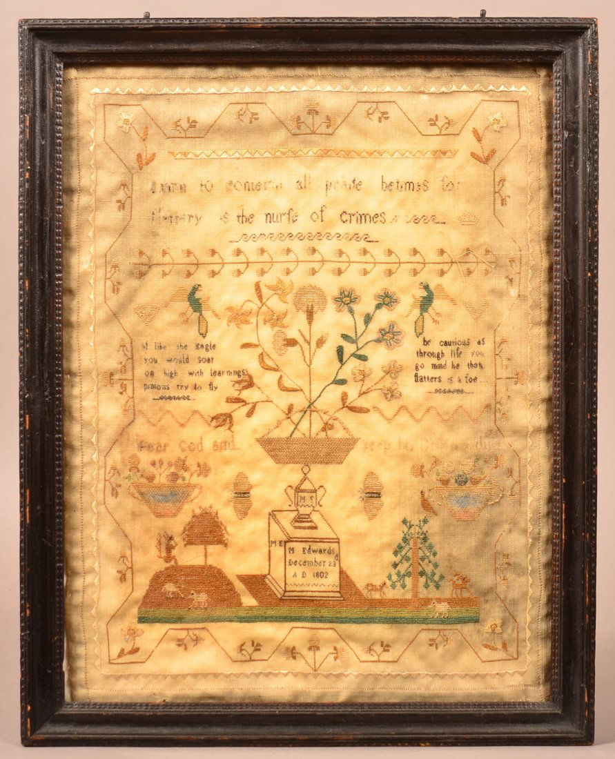 1802 Needlework Sampler - Eagles, Deer, Florals: 1802 Needlework Sampler w Eagles, Deer, Florals . 17"h x 13 1/4". Condition: Good with loss and wear.